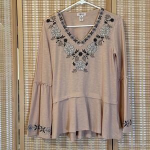 Style & Co Womens XS Tunic‎ Embroidery Floral Blush Western Boho Cottagecore
